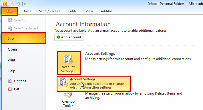 Outlook 2010 Email Setup step 1
